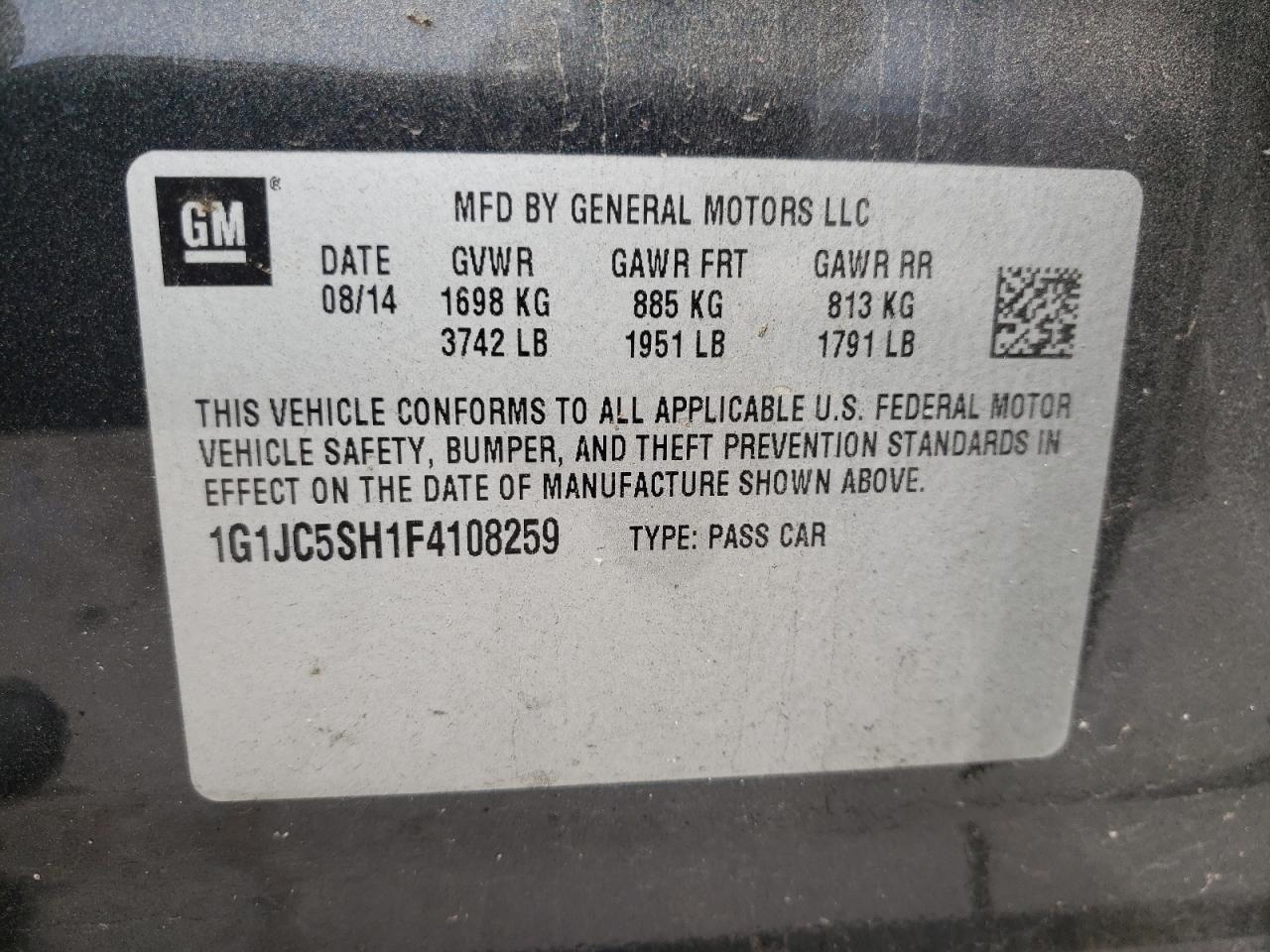 Photo 10 from auction – 2015 CHEVROLET SONIC LT with VIN 1G1JC5SH1F4108259