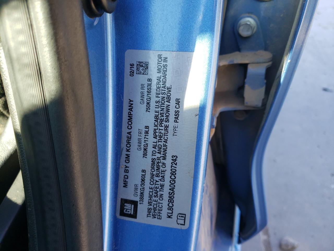 Photo 10 from auction – 2016 CHEVROLET SPARK LS with VIN KL8CB6SA0GC607243