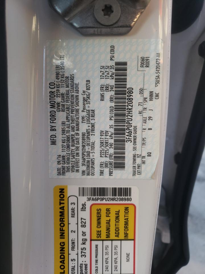 Photo 10 from auction – 2017 FORD FUSION SE with VIN 3FA6P0PU2HR208980