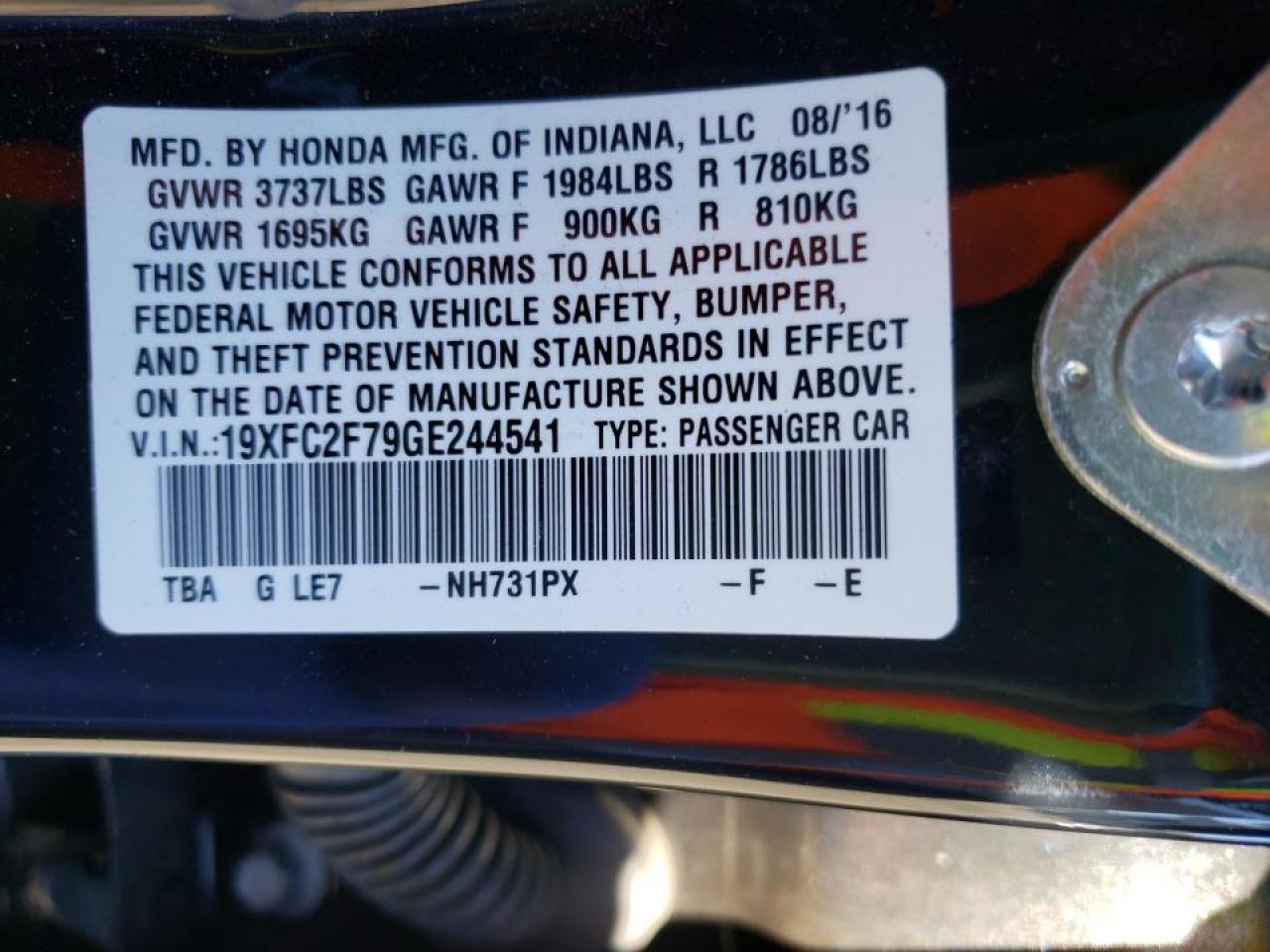Photo 10 from auction – 2016 HONDA CIVIC EX with VIN 19XFC2F79GE244541