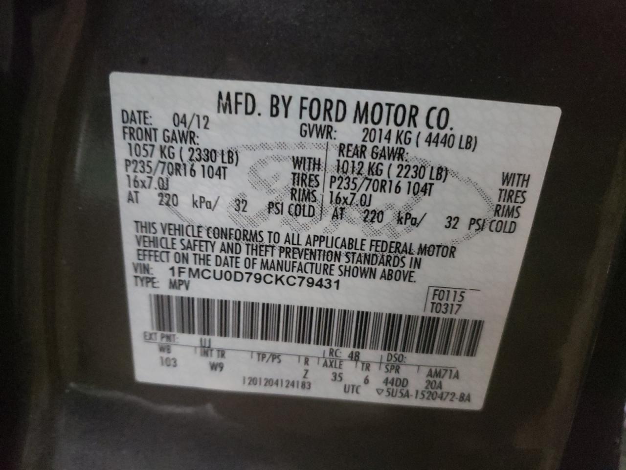 Photo 10 from auction – 2012 FORD ESCAPE XLT with VIN 1FMCU0D79CKC79431