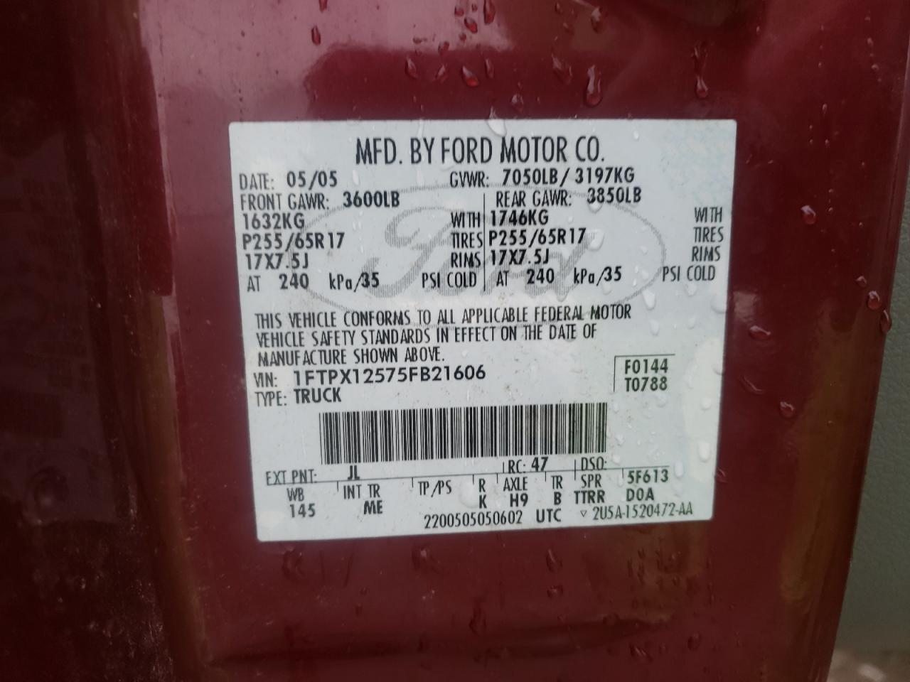 Photo 10 from auction – 2005 FORD F150 with VIN 1FTPX12575FB21606