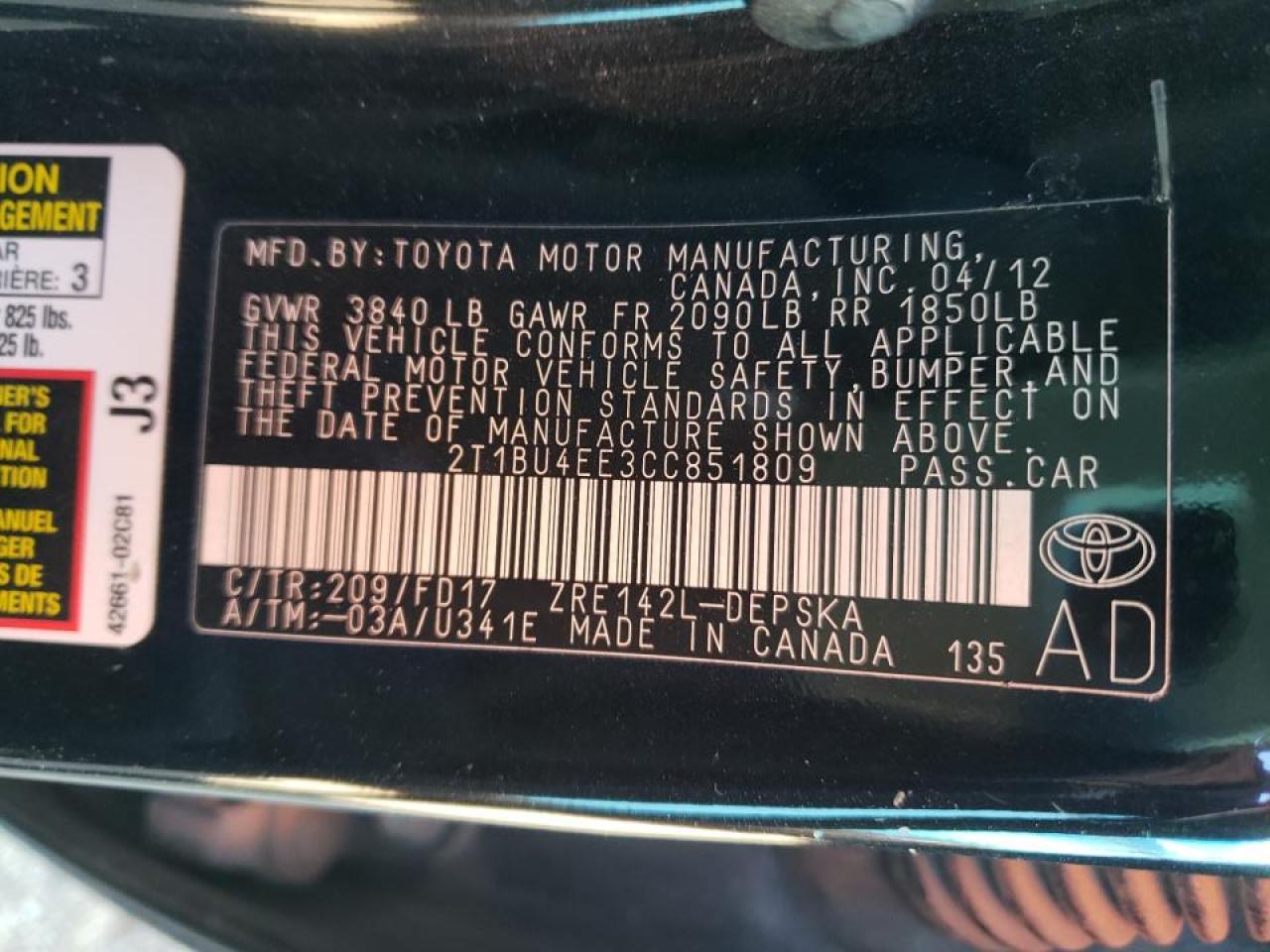 Photo 10 from auction – 2012 TOYOTA COROLLA BA with VIN 2T1BU4EE3CC851809