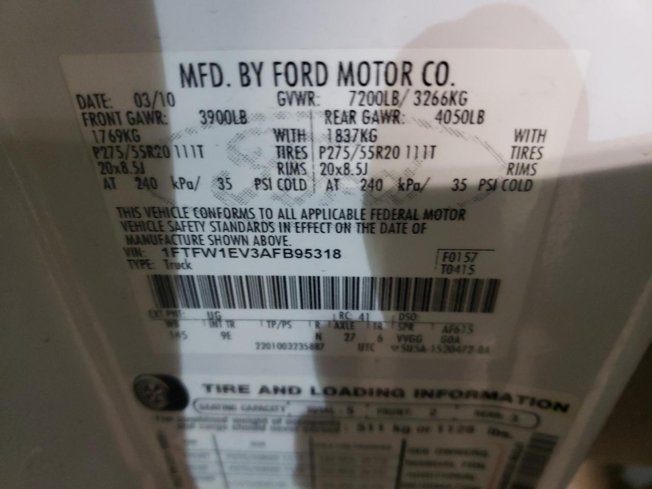 Photo 10 from auction – 2010 FORD F150 SUPER with VIN 1FTFW1EV3AFB95318