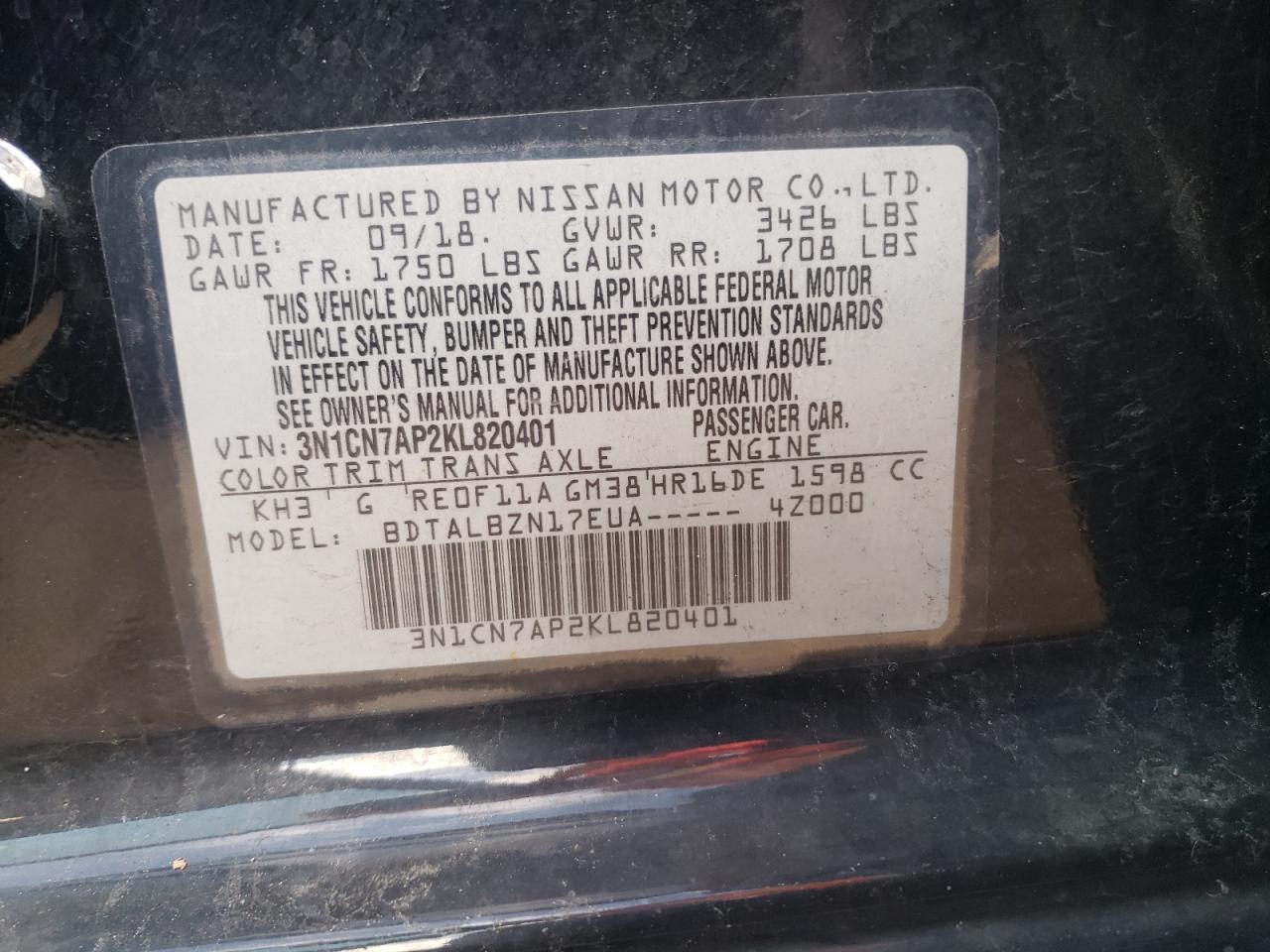 Photo 10 from auction – 2019 NISSAN VERSA S with VIN 3N1CN7AP2KL820401