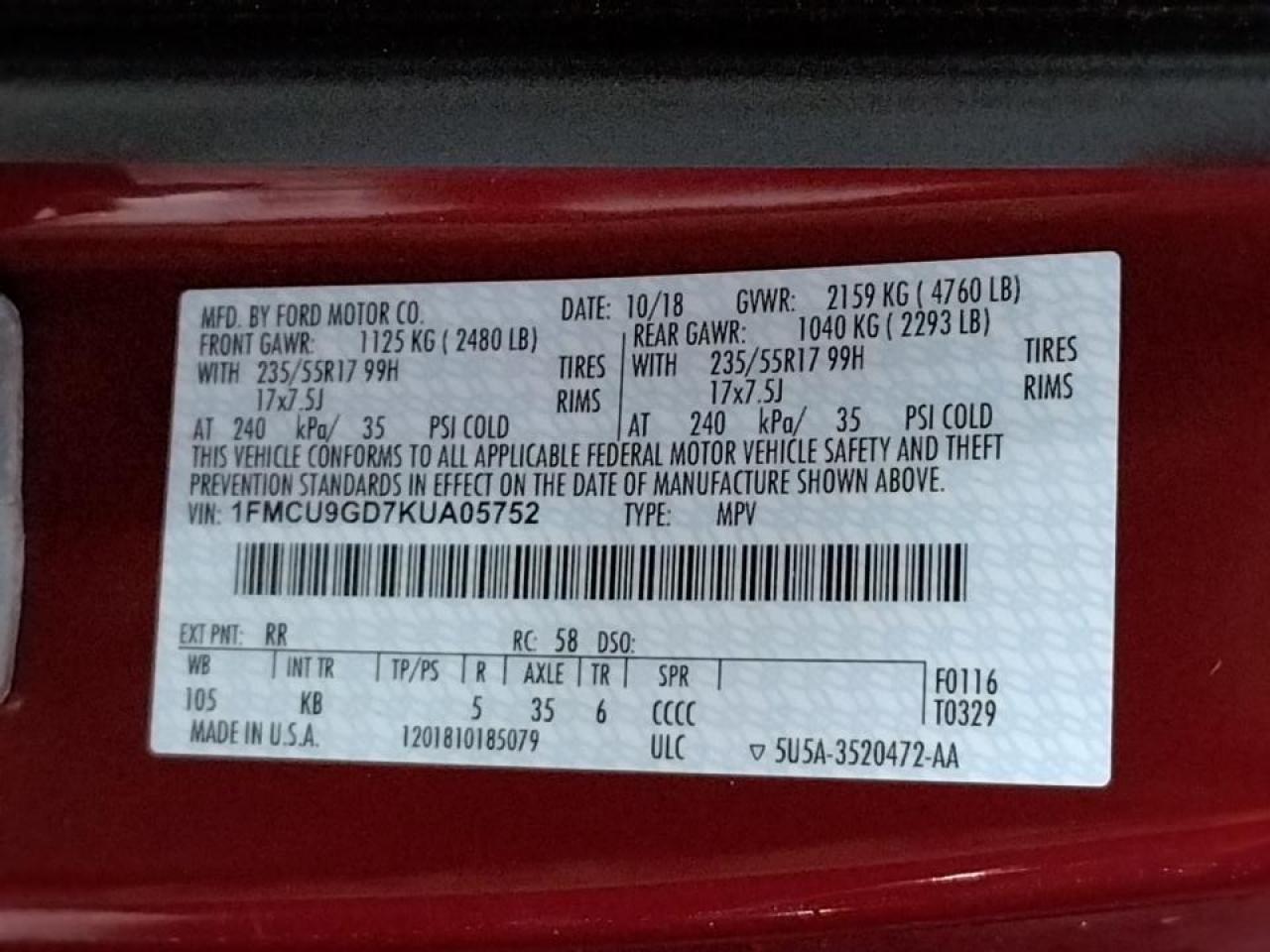 Photo 10 from auction – 2019 FORD ESCAPE SE with VIN 1FMCU9GD7KUA05752