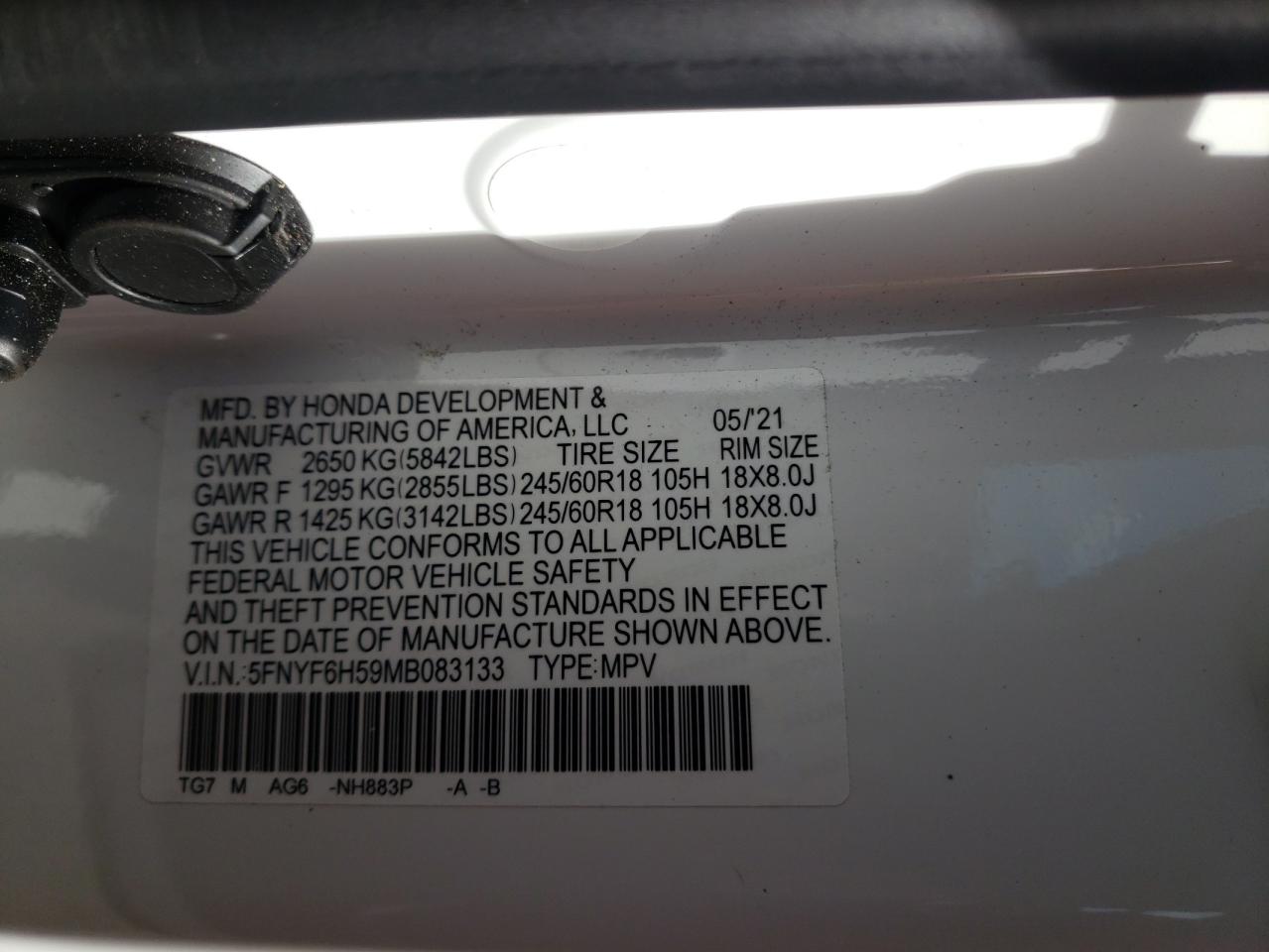 Photo 10 from auction – 2021 HONDA PILOT EXL with VIN 5FNYF6H59MB083133