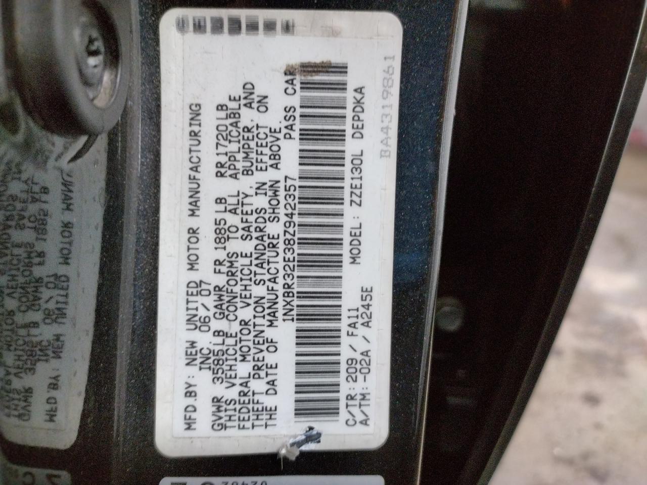 Photo 10 from auction – 2008 TOYOTA COROLLA CE with VIN 1NXBR32E38Z942357