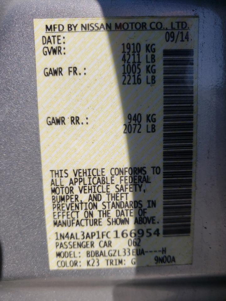 Photo 10 from auction – 2015 NISSAN ALTIMA S with VIN 1N4AL3AP1FC166954