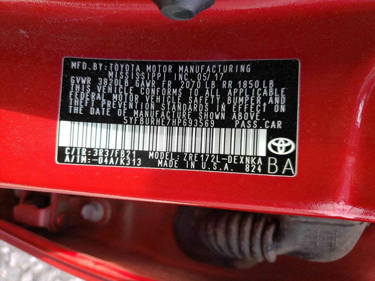 Photo 10 from auction – 2017 TOYOTA COROLLA L with VIN 5YFBURHE7HP693569