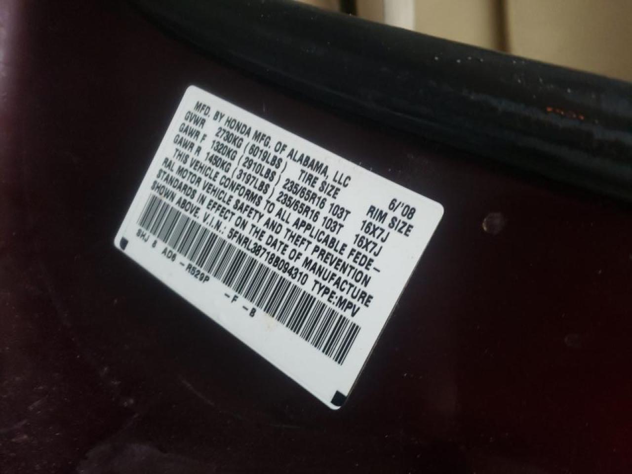 Photo 10 from auction – 2008 HONDA ODYSSEY EX with VIN 5FNRL38718B094310