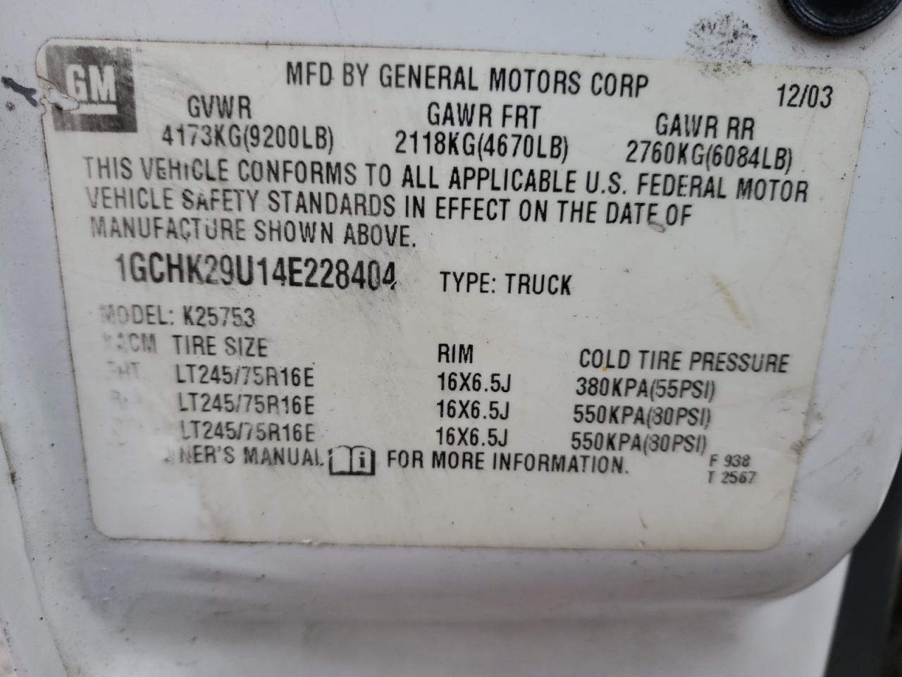 Photo 10 from auction – 2004 CHEVROLET SILVERADO with VIN 1GCHK29U14E228404