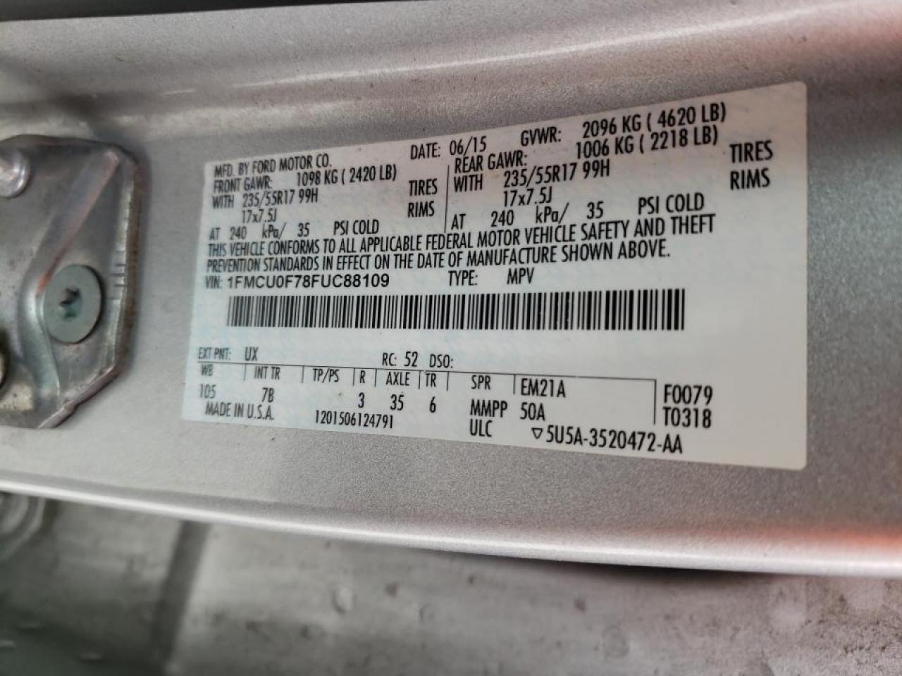 Photo 10 from auction – 2015 FORD ESCAPE S with VIN 1FMCU0F78FUC88109