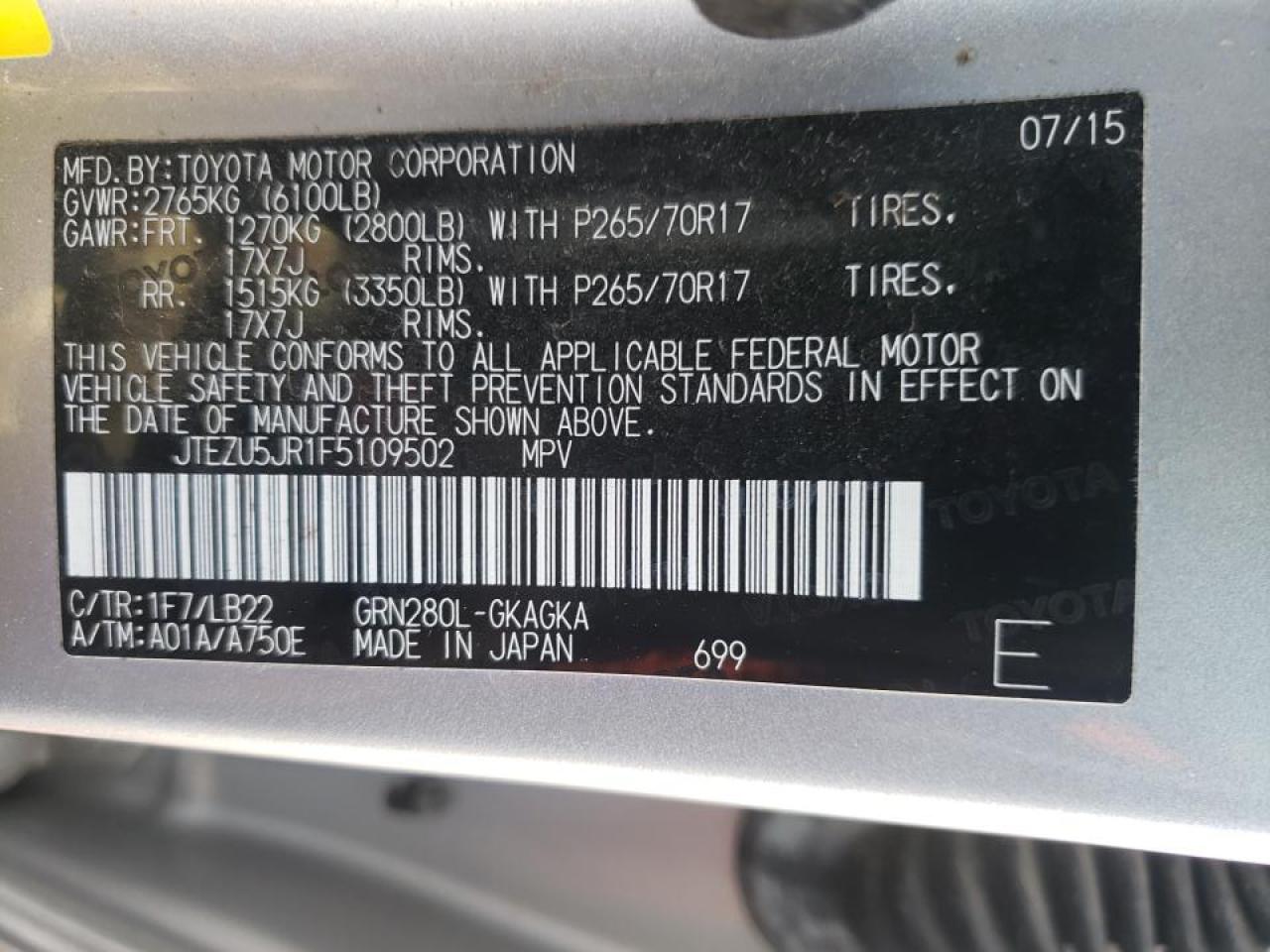 Photo 10 from auction – 2015 TOYOTA 4RUNNER SR with VIN JTEZU5JR1F5109502