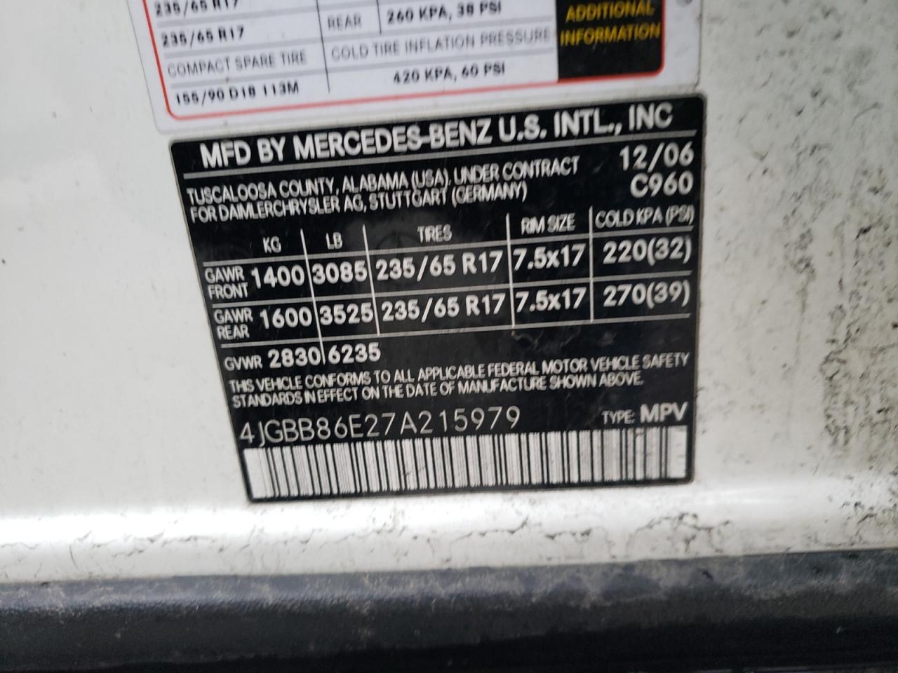 Photo 10 from auction – 2007 MERCEDES-BENZ ML350 with VIN 4JGBB86E27A215979