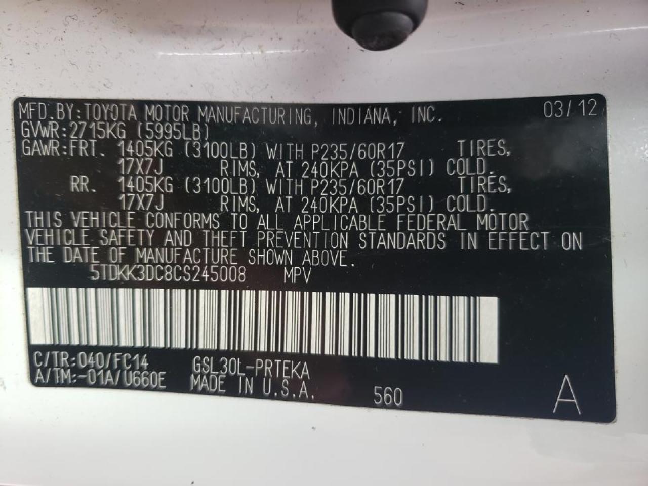 Photo 10 from auction – 2012 TOYOTA SIENNA LE with VIN 5TDKK3DC8CS245008