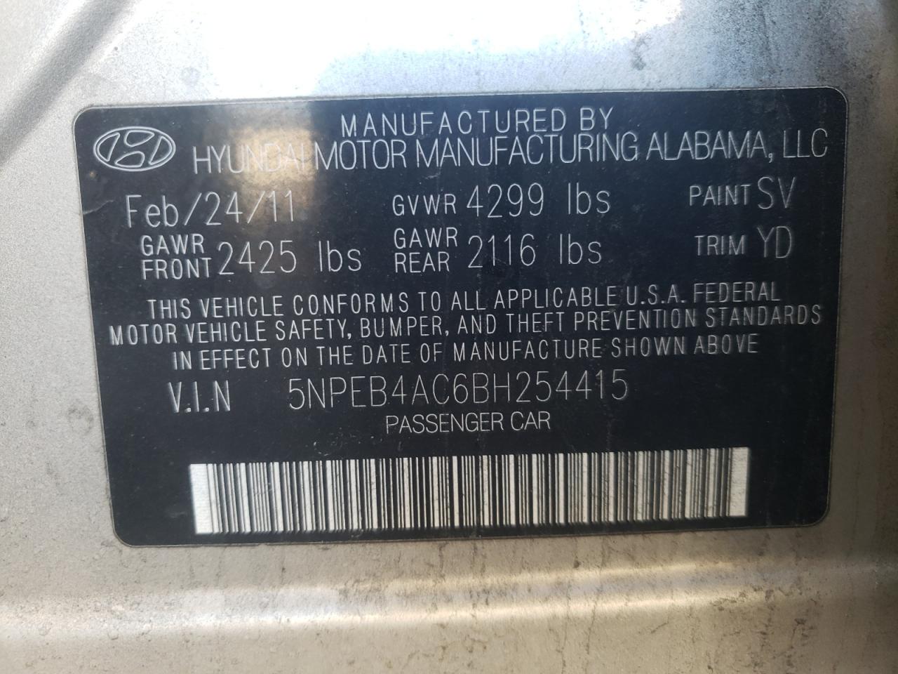 Photo 10 from auction – 2011 HYUNDAI SONATA GLS with VIN 5NPEB4AC6BH254415