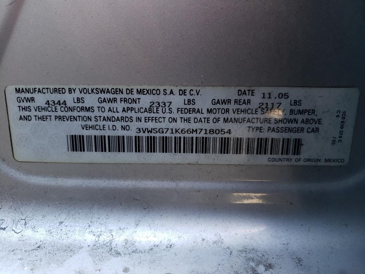 Photo 10 from auction – 2006 VOLKSWAGEN JETTA 2.5 with VIN 3VWSG71K66M718054