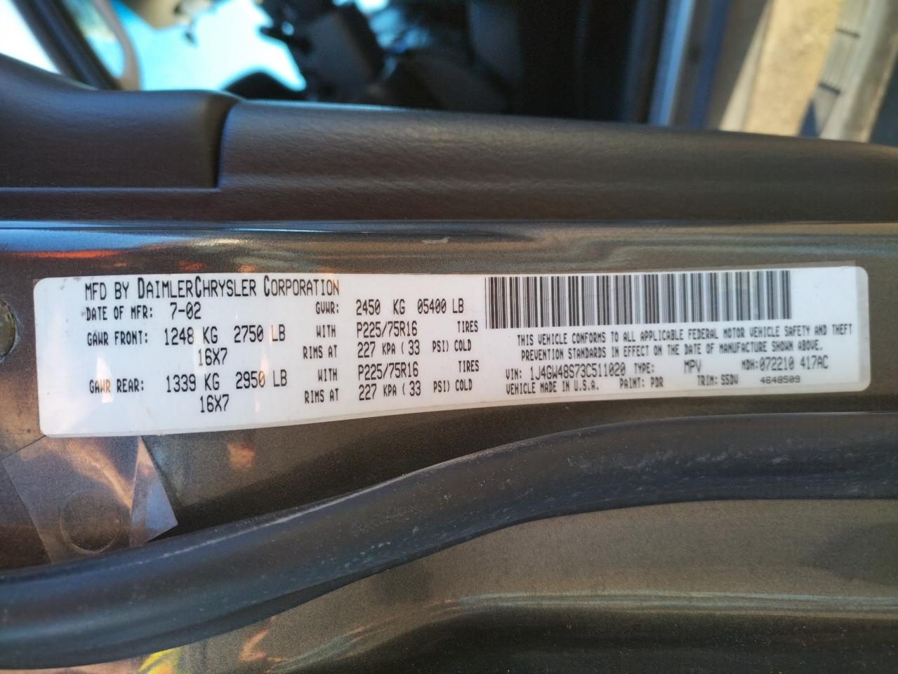 Photo 10 from auction – 2003 JEEP GRAND CHER with VIN 1J4GW48S73C511020