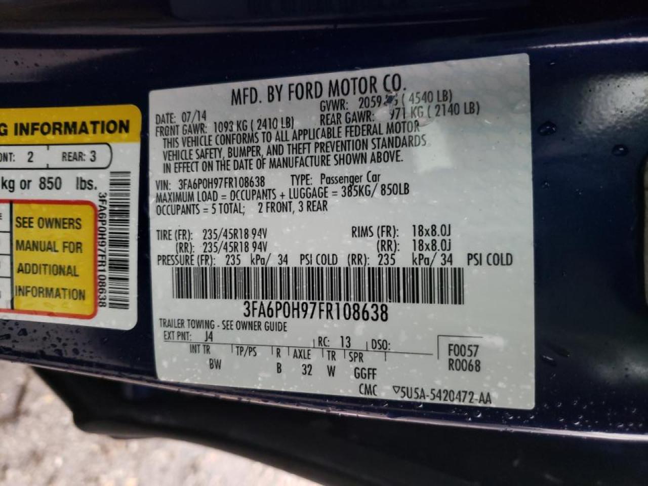 Photo 10 from auction – 2015 FORD FUSION SE with VIN 3FA6P0H97FR108638