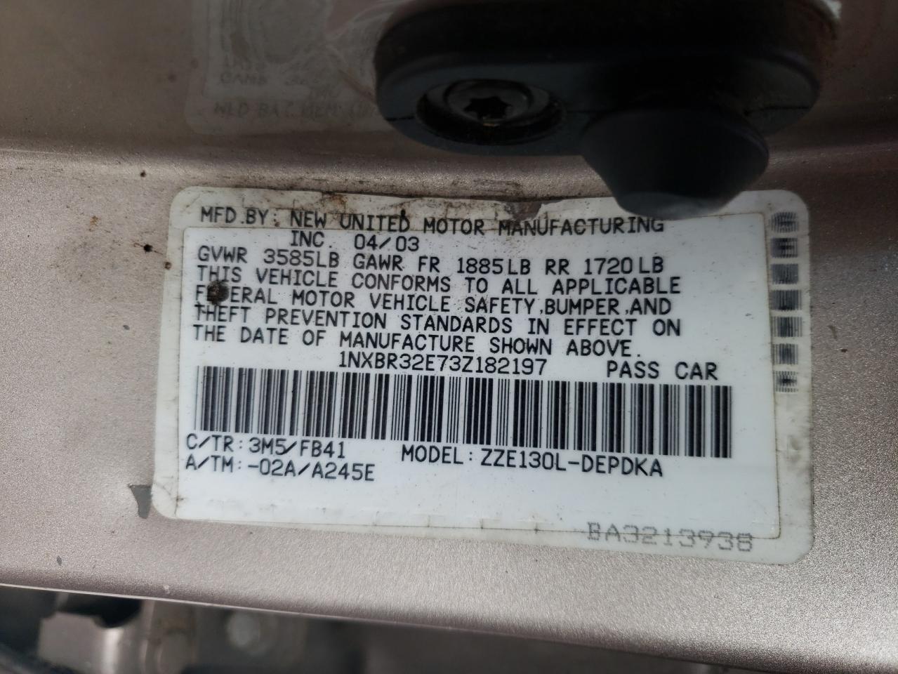 Photo 10 from auction – 2003 TOYOTA COROLLA CE with VIN 1NXBR32E73Z182197