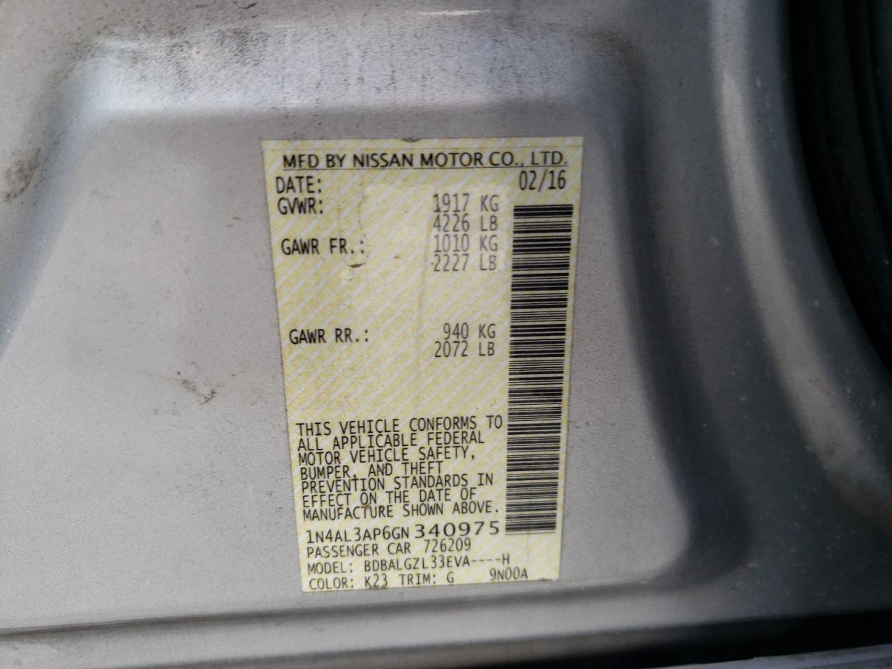 Photo 10 from auction – 2016 NISSAN ALTIMA 2.5 with VIN 1N4AL3AP6GN340975