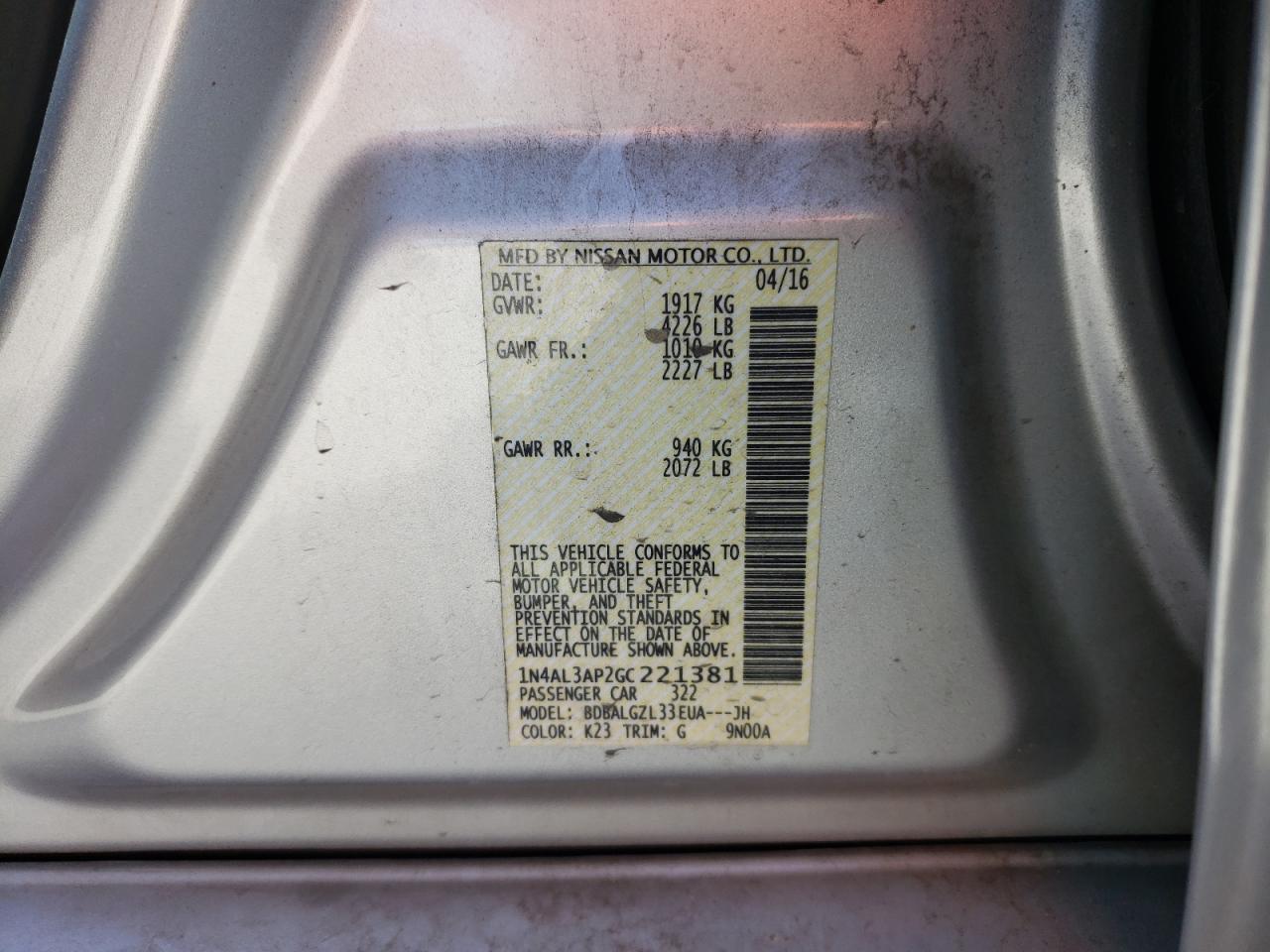 Photo 10 from auction – 2016 NISSAN ALTIMA 2.5 with VIN 1N4AL3AP2GC221381