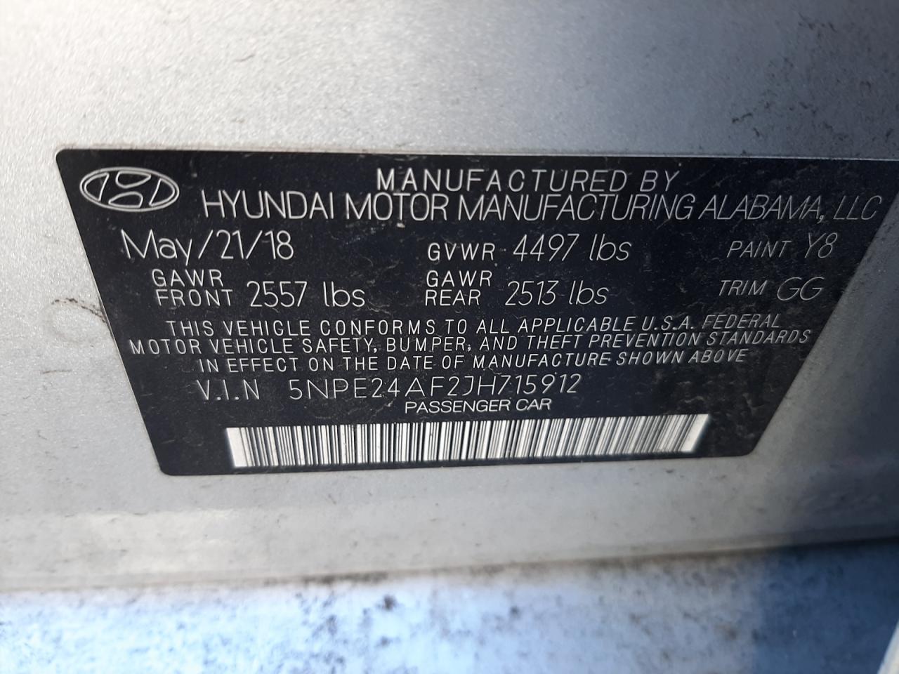 Photo 10 from auction – 2018 HYUNDAI SONATA SE with VIN 5NPE24AF2JH715912