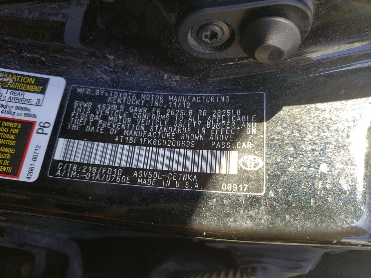 Фото 10 с аукциона – 2012 TOYOTA CAMRY BASE с VIN 4T1BF1FK6CU200699
