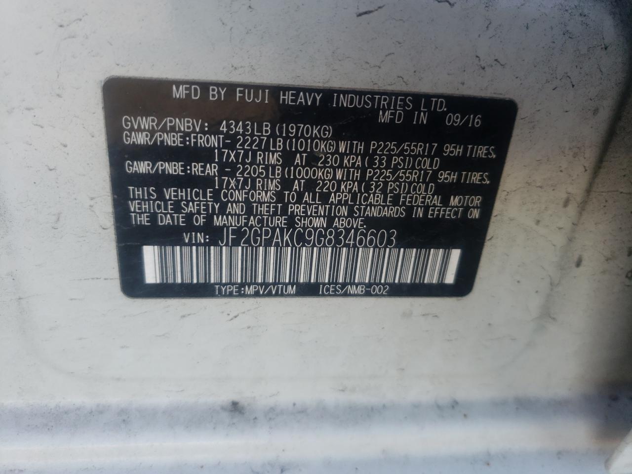 Photo 10 from auction – 2016 SUBARU CROSSTREK with VIN JF2GPAKC9G8346603