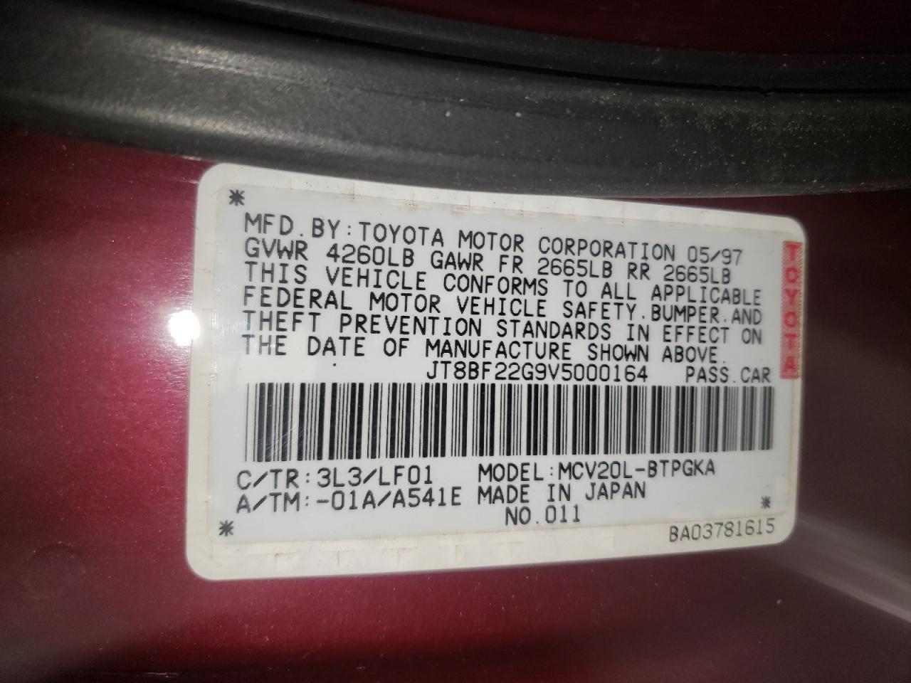 Photo 10 from auction – 1997 LEXUS ES 300 with VIN JT8BF22G9V5000164