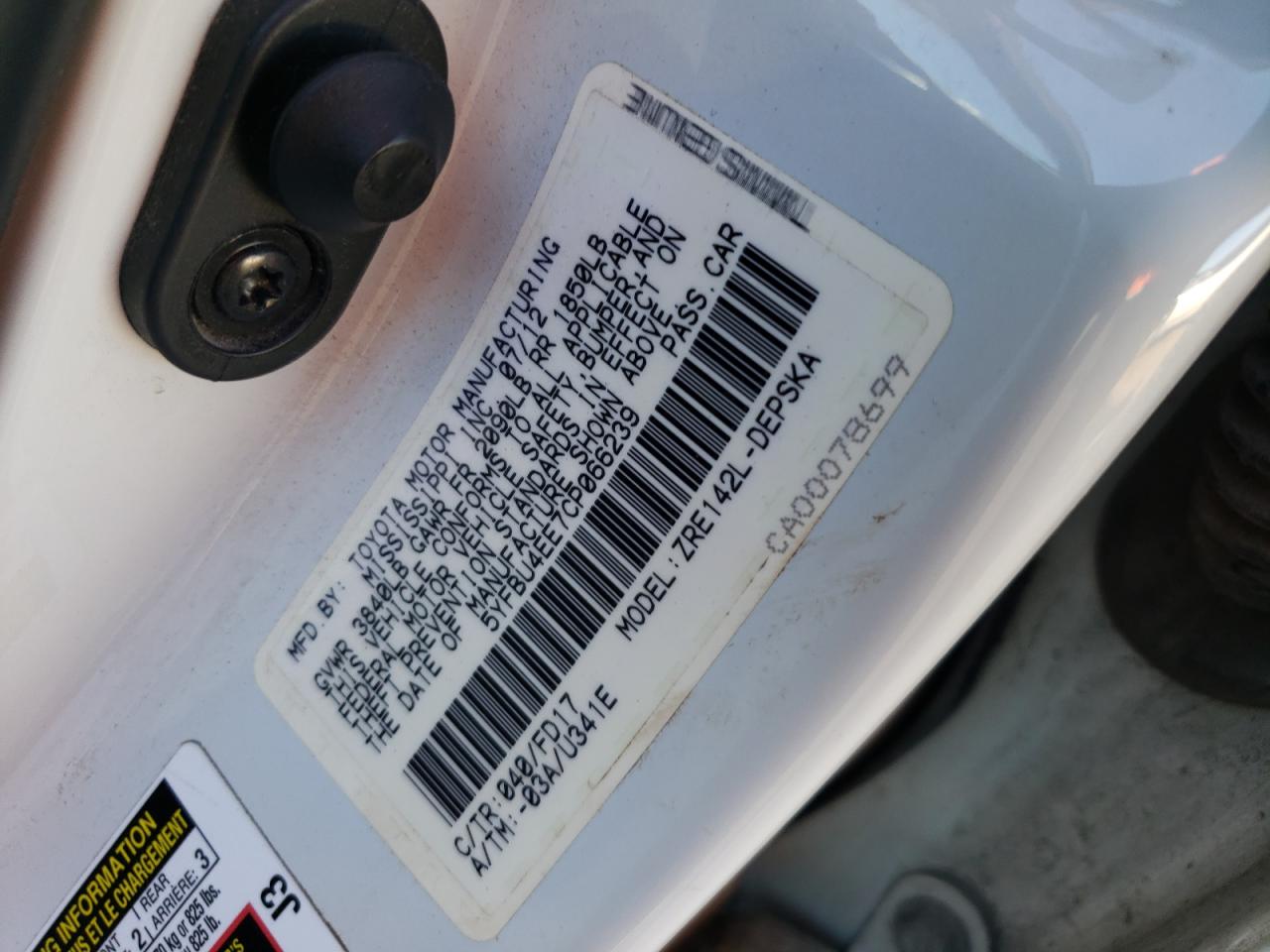 Photo 10 from auction – 2012 TOYOTA COROLLA BA with VIN 5YFBU4EE7CP066239