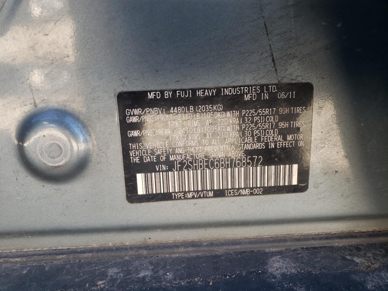 Photo 10 from auction – 2011 SUBARU FORESTER L with VIN JF2SHBEC6BH768572