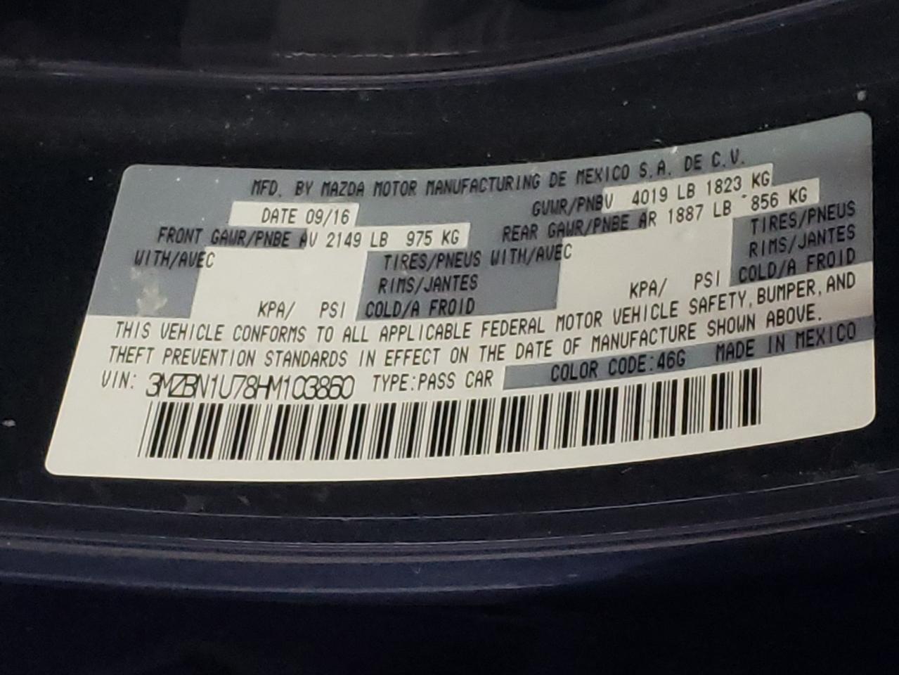 Photo 10 from auction – 2017 MAZDA 3 SPORT with VIN 3MZBN1U78HM103860