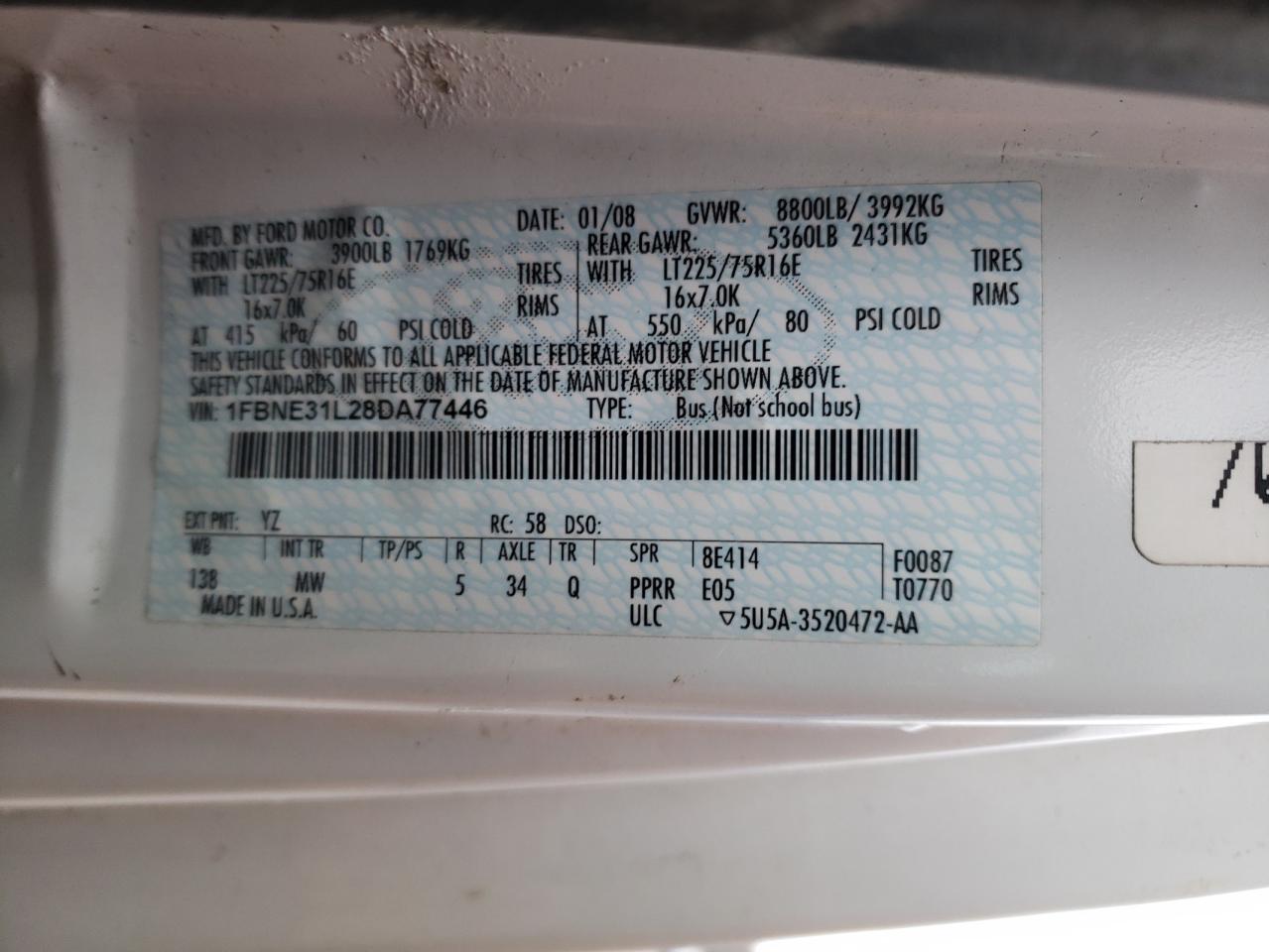 Photo 10 from auction – 2008 FORD ECONOLINE with VIN 1FBNE31L28DA77446