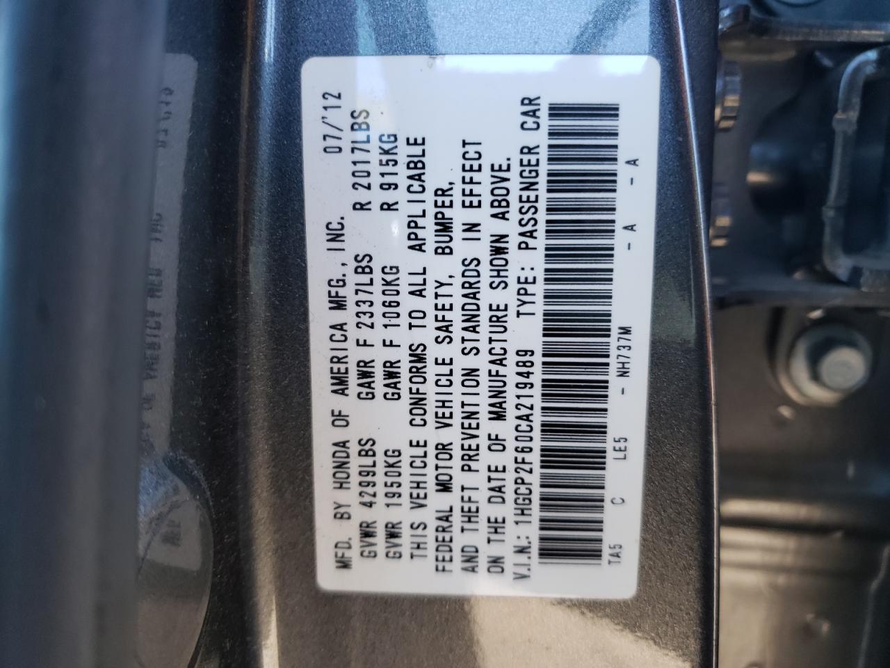 Photo 10 from auction – 2012 HONDA ACCORD SE with VIN 1HGCP2F60CA219489