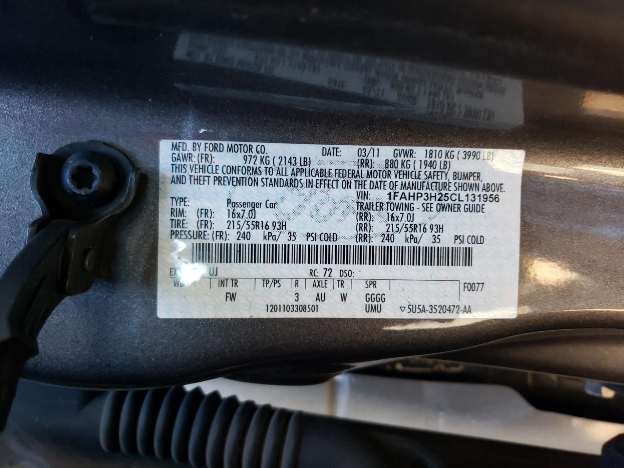 Photo 10 from auction – 2012 FORD FOCUS SEL with VIN 1FAHP3H25CL131956