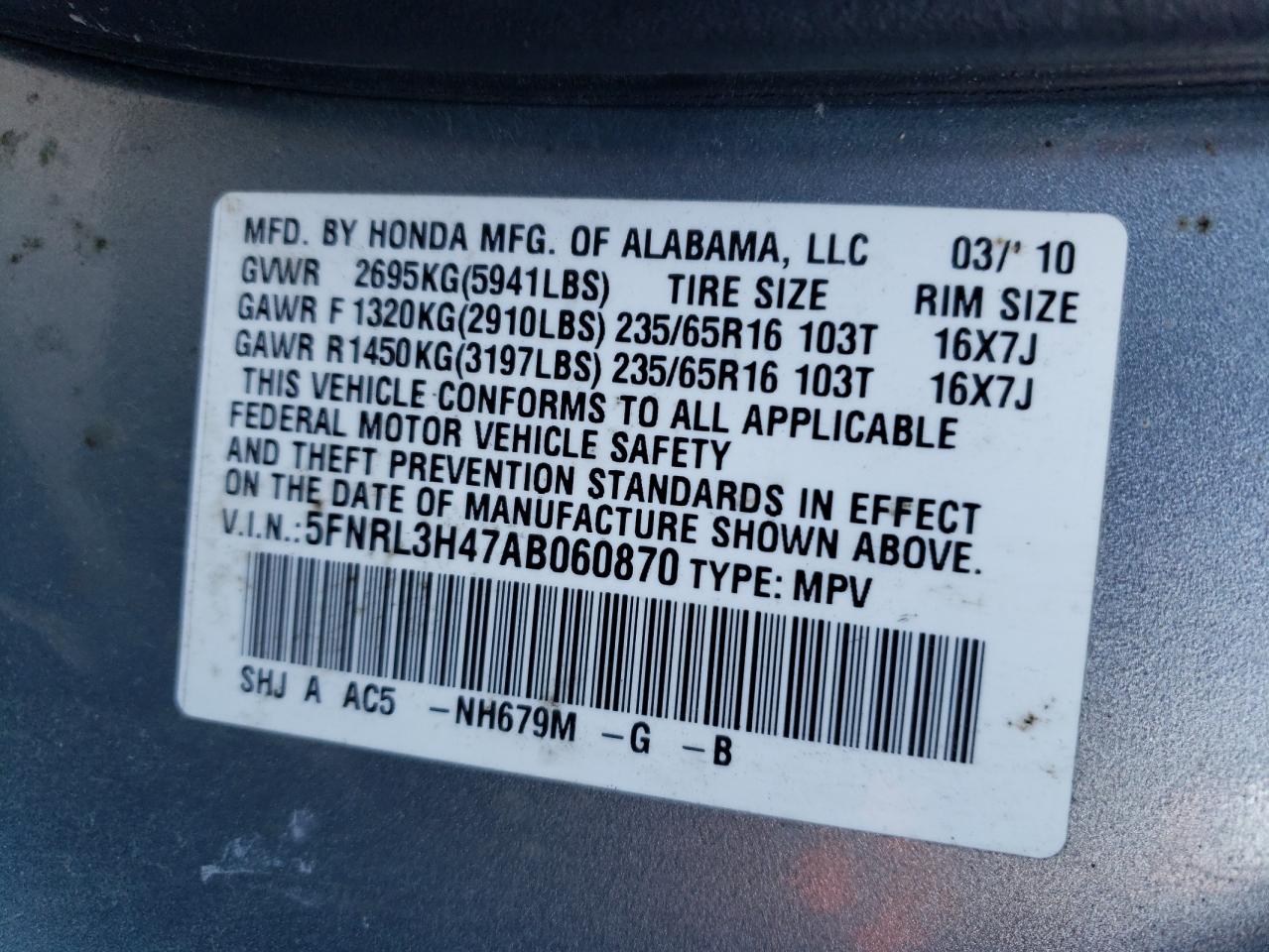 Photo 10 from auction – 2010 HONDA ODYSSEY EX with VIN 5FNRL3H47AB060870
