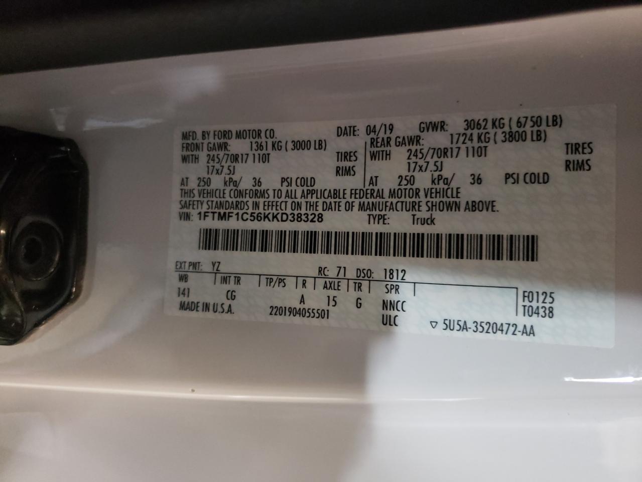 Photo 10 from auction – 2019 FORD F150 with VIN 1FTMF1C56KKD38328