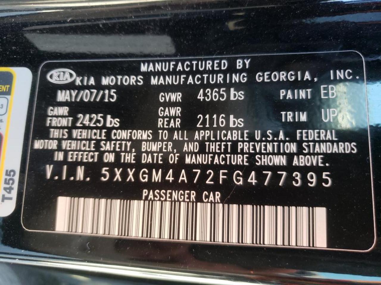 Photo 10 from auction – 2015 KIA OPTIMA LX with VIN 5XXGM4A72FG477395