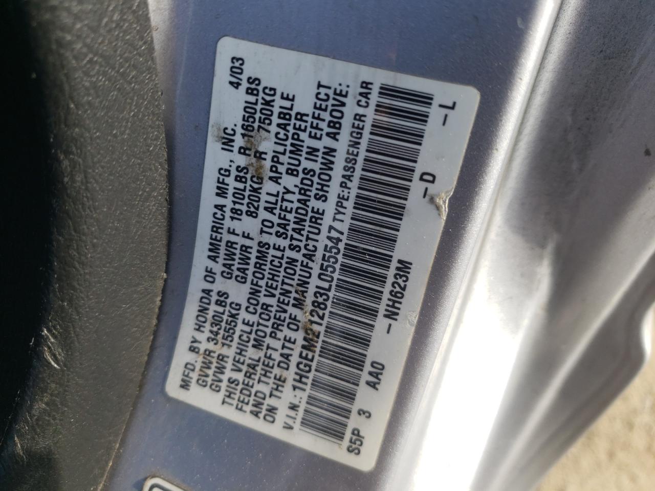 Photo 10 from auction – 2003 HONDA CIVIC DX with VIN 1HGEM21283L055547