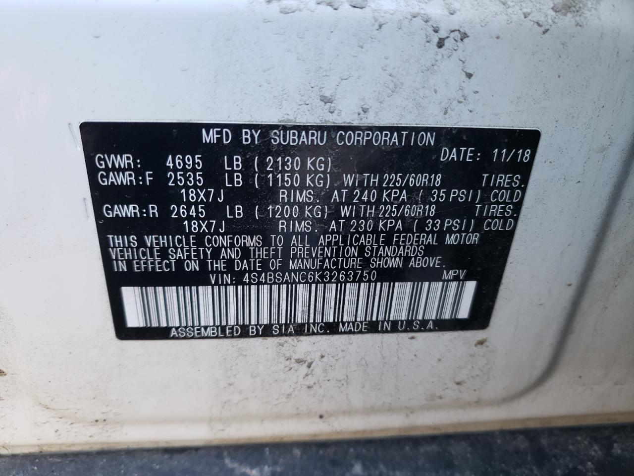 Photo 10 from auction – 2019 SUBARU OUTBACK 2. with VIN 4S4BSANC6K3263750