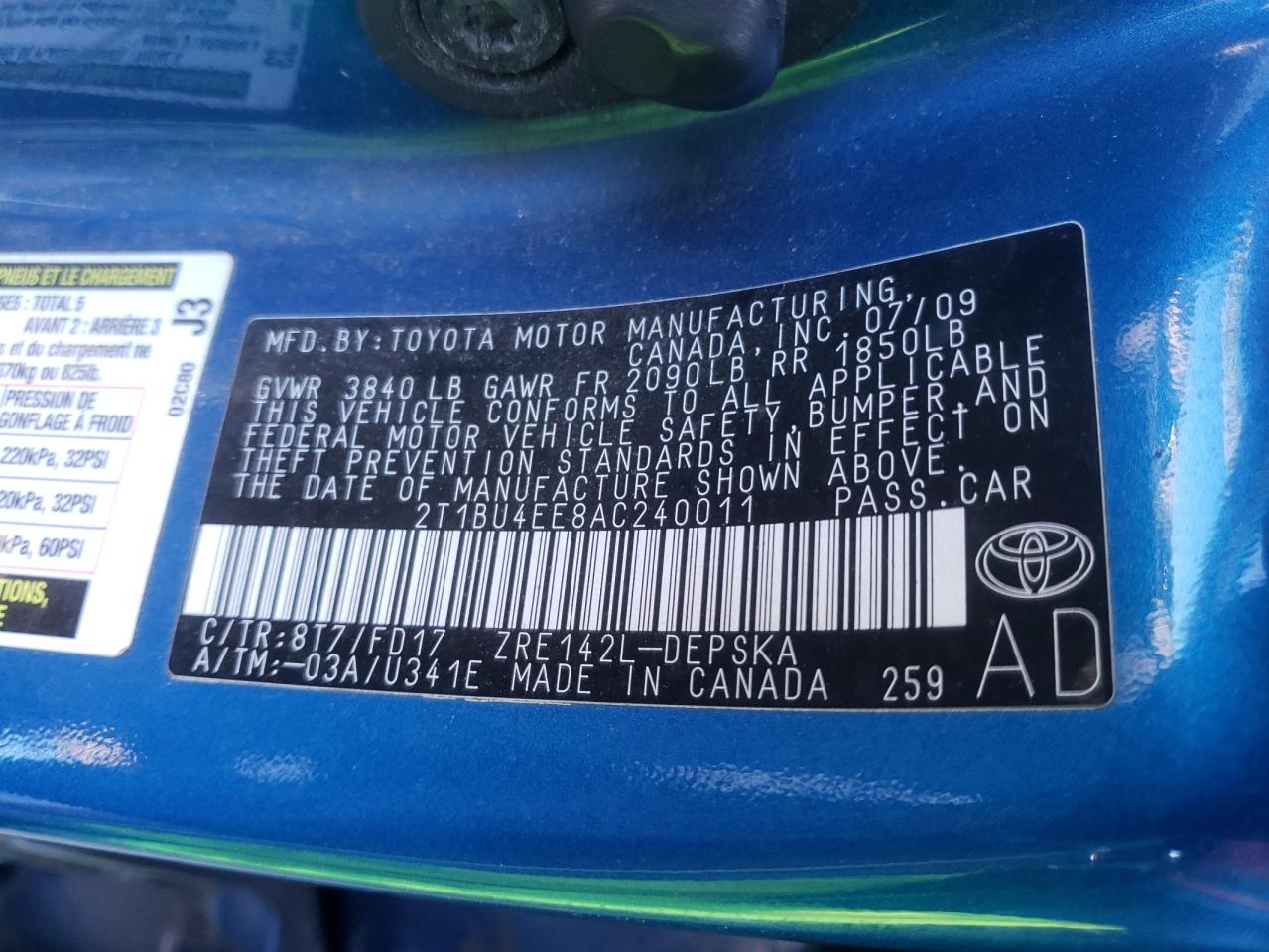 Photo 10 from auction – 2010 TOYOTA COROLLA BA with VIN 2T1BU4EE8AC240011