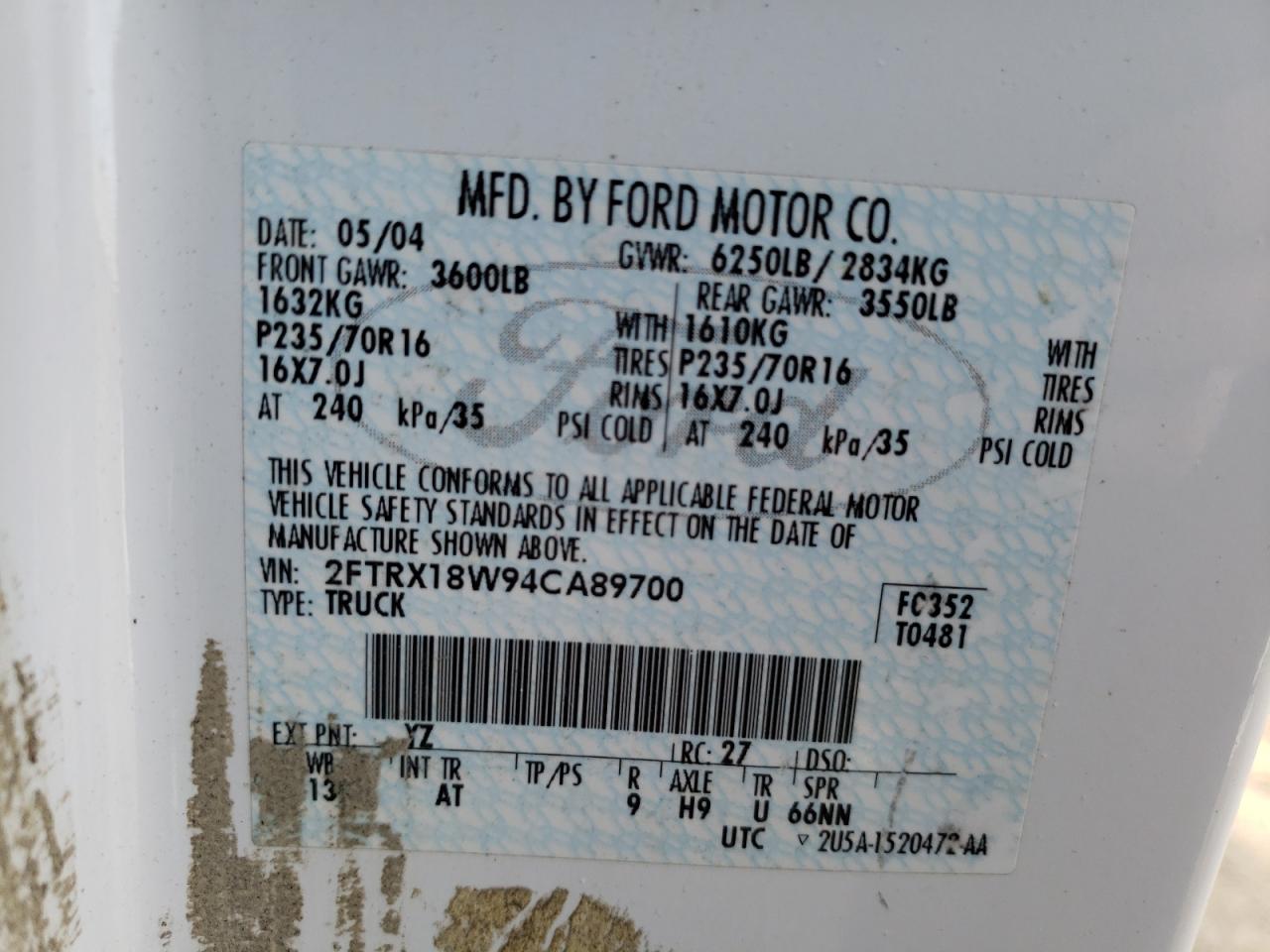 Photo 10 from auction – 2004 FORD F-150 HERI with VIN 2FTRX18W94CA89700