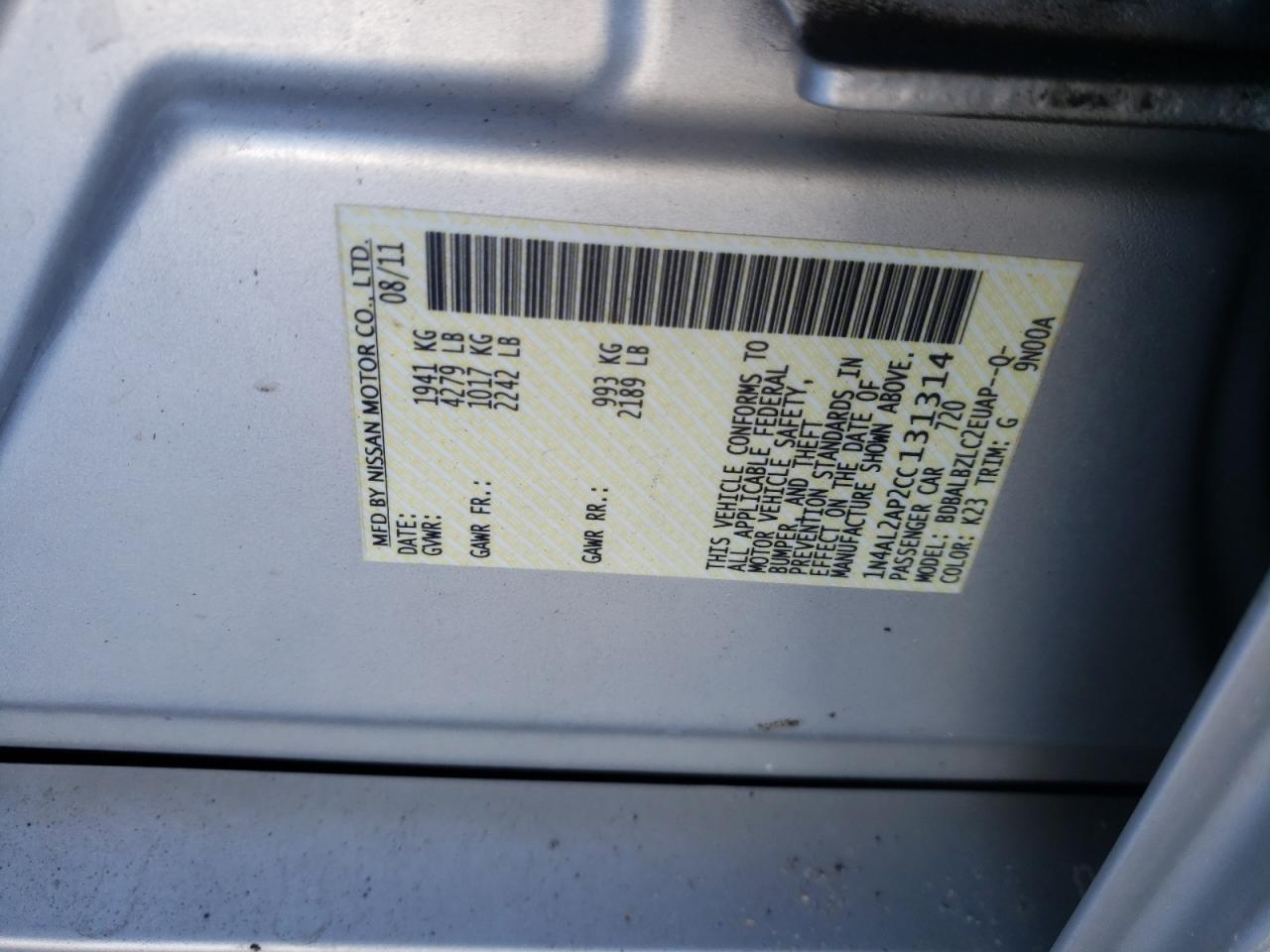 Photo 10 from auction – 2012 NISSAN ALTIMA BAS with VIN 1N4AL2AP2CC131314