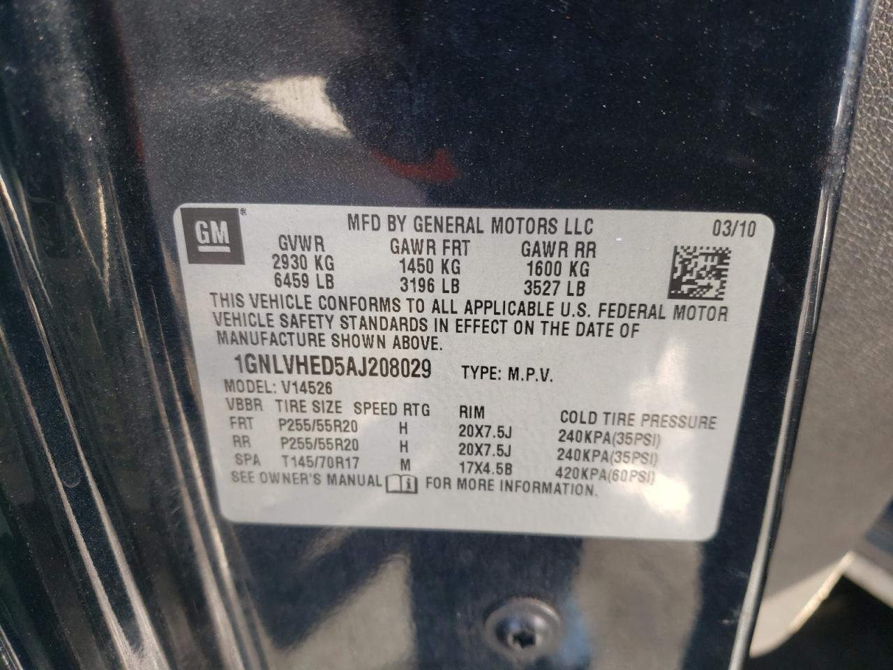 Photo 10 from auction – 2010 CHEVROLET TRAVERSE L with VIN 1GNLVHED5AJ208029
