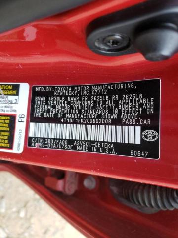 Photo 10 from auction – 2012 TOYOTA CAMRY BASE with VIN 4T1BF1FK2CU602008