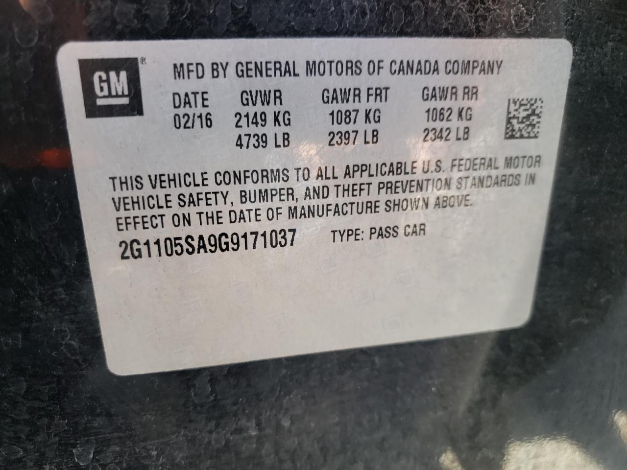 Photo 10 from auction – 2016 CHEVROLET IMPALA LT with VIN 2G1105SA9G9171037