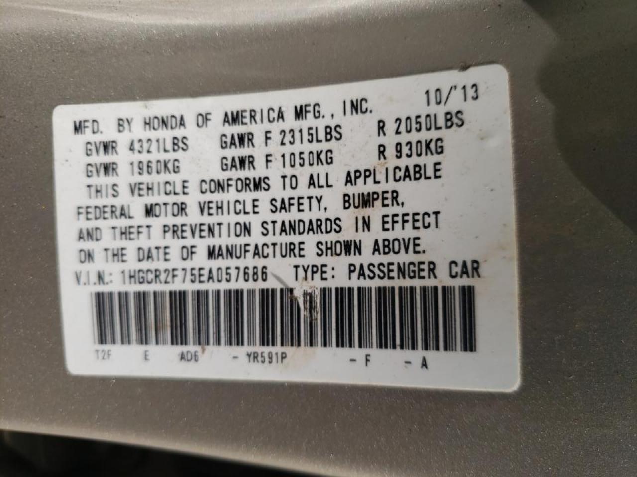 Photo 10 from auction – 2014 HONDA ACCORD EX with VIN 1HGCR2F75EA057686
