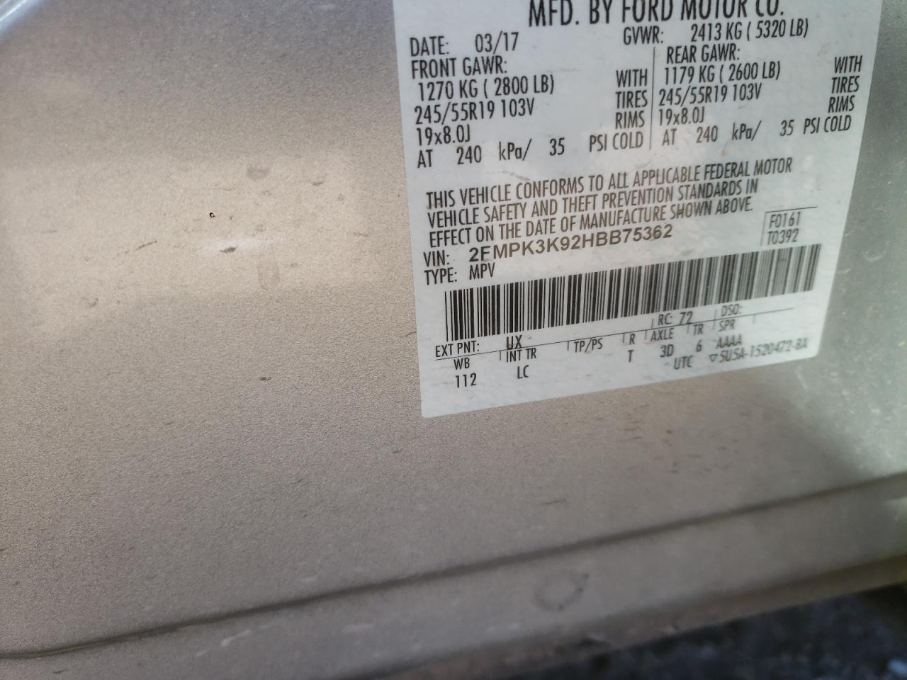Photo 10 from auction – 2017 FORD EDGE TITAN with VIN 2FMPK3K92HBB75362